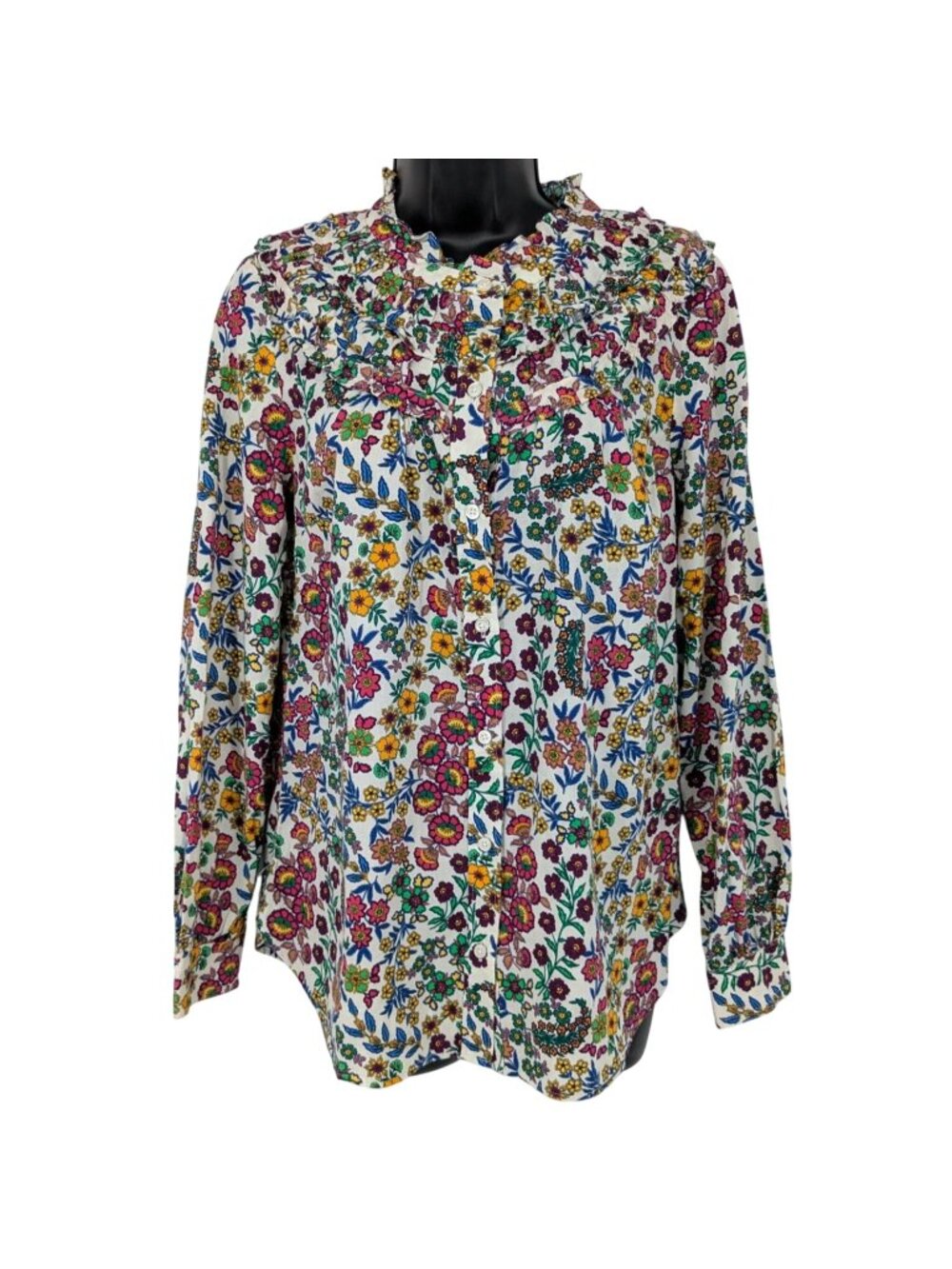 Talbots Floral Ruffle Button Up Shirt Women Cottage Prairie Long Sleeve Small